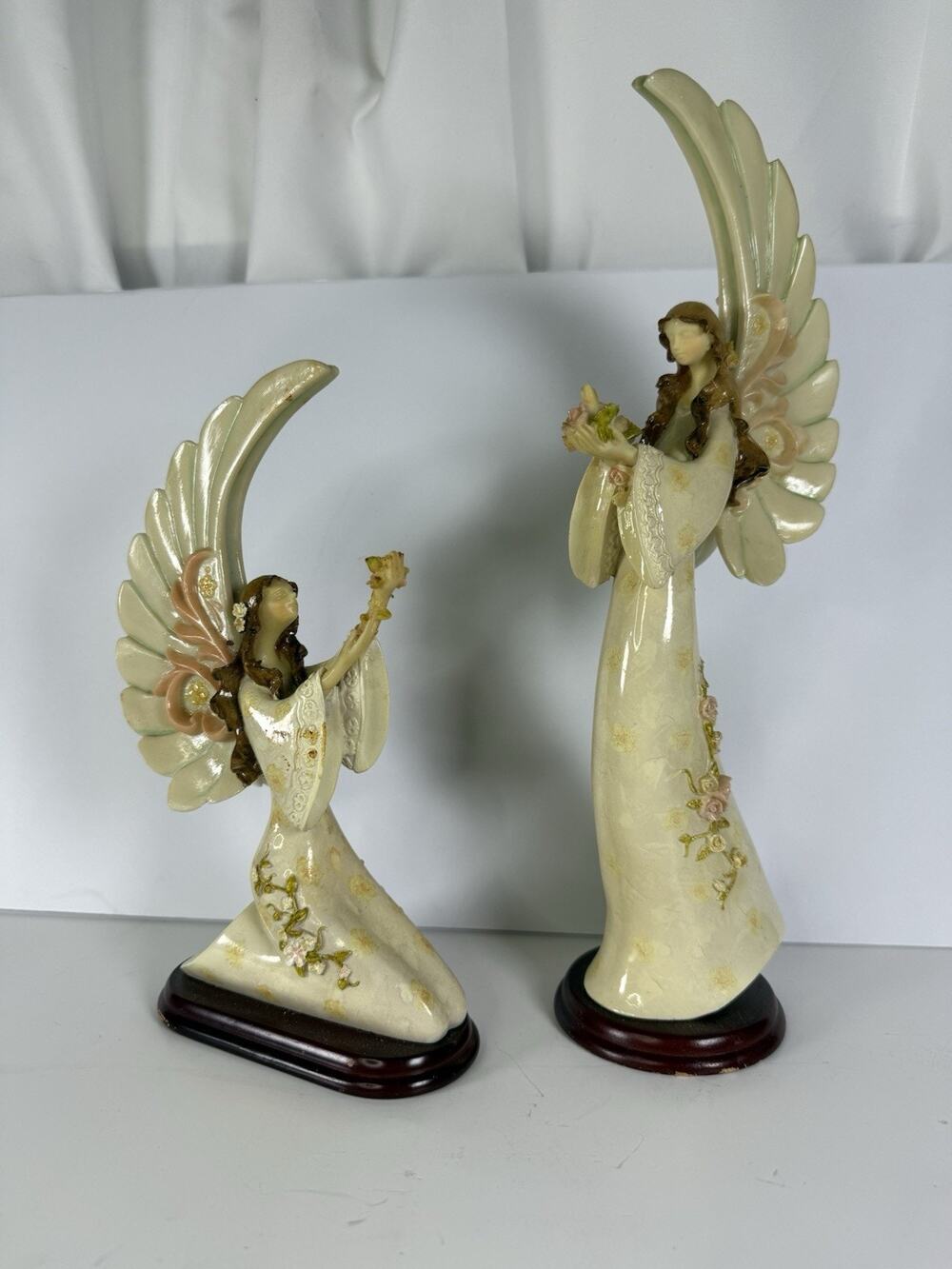 1970 Angel Figurines on Cherry Wood Color Base Floral Mystical Ceramic Decor